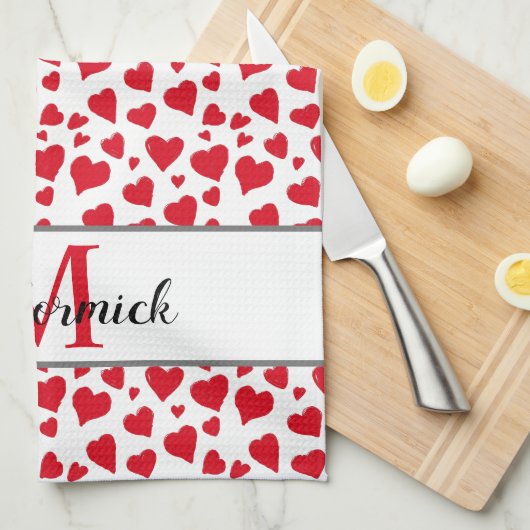 Cute Heart Pattern Red White Monogram Aangepast Theedoek (Quarter Fold)