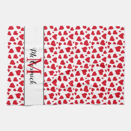 Cute Heart Pattern Red White Monogram Aangepast Theedoek (Horizontaal)
