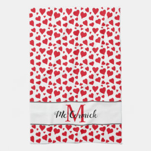 Cute Heart Pattern Red White Monogram Aangepast Theedoek