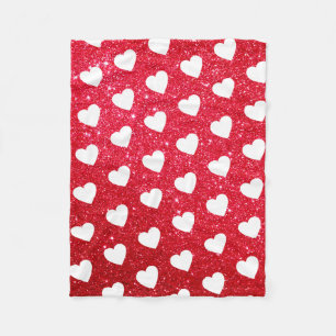 Cute Heart Pattern White Red Glitter Love Fleece Deken