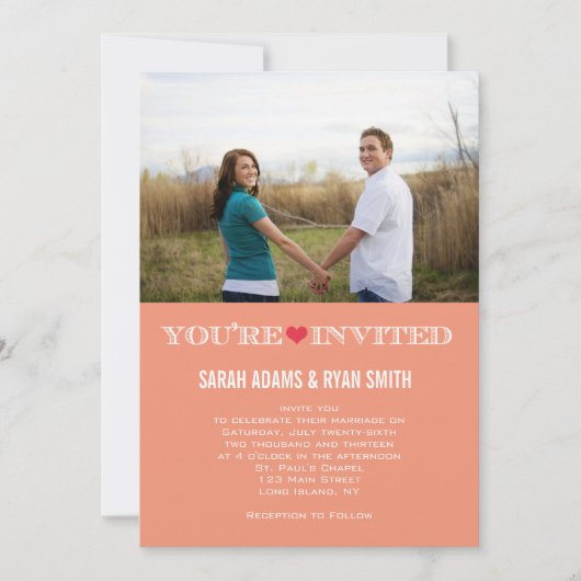 Cute Heart Peach Red Wedding Photo Invitations Kaart (Voorkant)