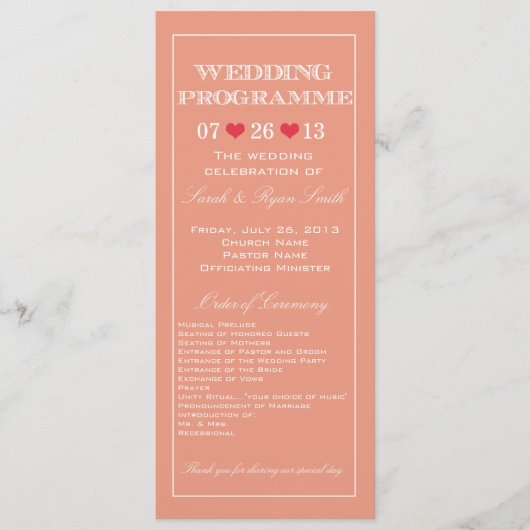 Cute Heart Peach Wedding Program Programmakaart (Voorkant)