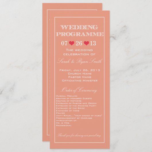 Cute Heart Peach Wedding Program Programmakaart (Voorkant / Achterkant)