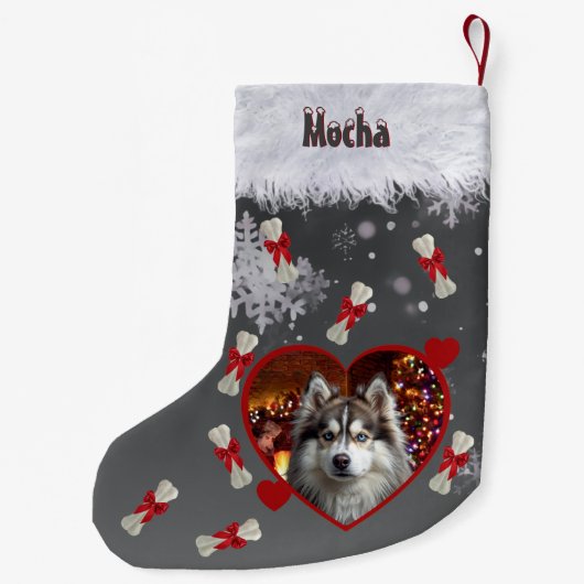 Cute Heart Pet Photo Dog Name Black Snowflake Kleine Kerstsok (Achterkant)