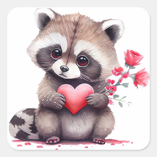 Cute Heart Raccoon Valentijn Vierkante Sticker (Voorkant)