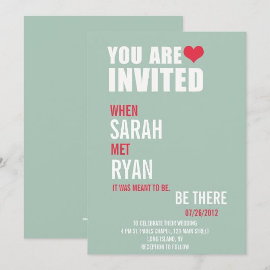 Cute Heart Red & Green Wedding Invitations Kaart (Voorkant / Achterkant)