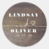 Cute Heart Script Brown Wood Rustic Wedding Ronde Sticker (Voorkant)