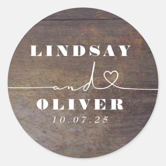 Cute Heart Script Brown Wood Rustic Wedding Ronde Sticker (Voorkant)
