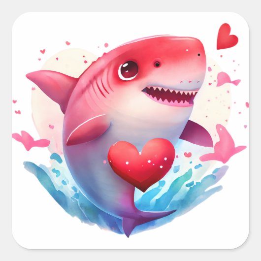 Cute Heart Shark Valentijn Vierkante Sticker (Voorkant)