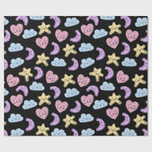 Cute Heart Star Moon Black Baby shower Cadeaupapier (Vlak)