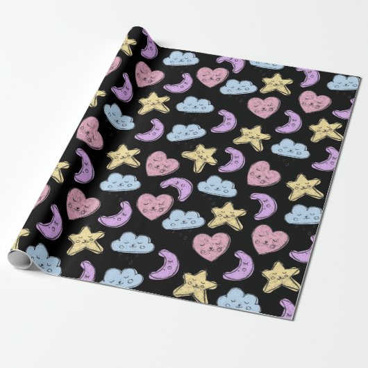 Cute Heart Star Moon Black Baby shower Cadeaupapier (Uitgerold)