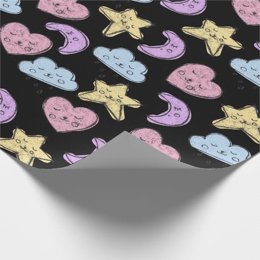 Cute Heart Star Moon Black Baby shower Cadeaupapier (Hoek)