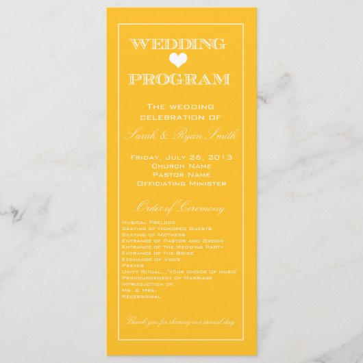 Cute Heart Yellow Wedding Programme Programmakaart (Voorkant)