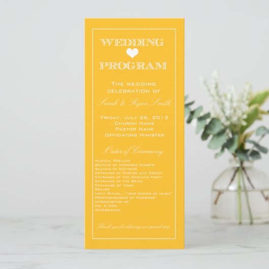 Cute Heart Yellow Wedding Programme Programmakaart (Staand voorkant)