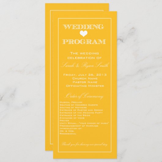 Cute Heart Yellow Wedding Programme Programmakaart (Voorkant / Achterkant)