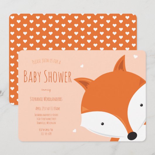 Cute Hearts Fox Animal Baby shower Kaart (Voorkant / Achterkant)