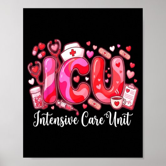 Cute Hearts Icu Valentine Nurse Valentines Day Shi Poster (Voorkant)