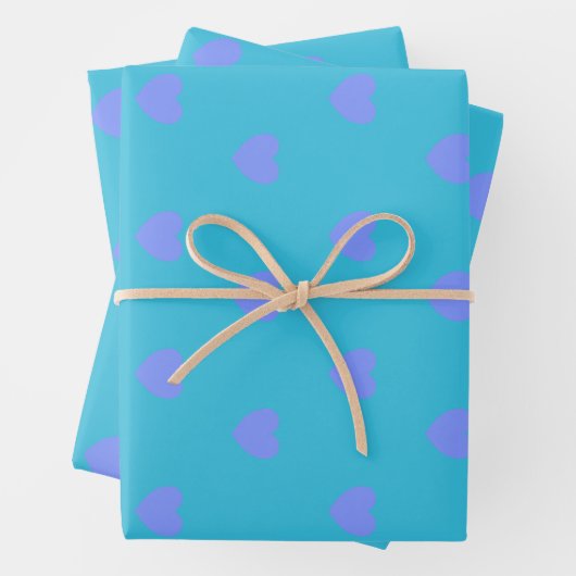 Cute Hearts Pattern in Turquoise Blue en Paars Inpakpapier Vel (In situ)