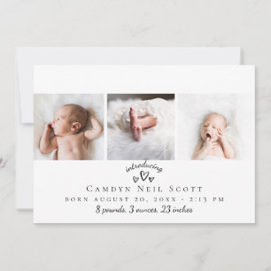 Cute Hearts Photo Strip Birth Notice Bedankkaart