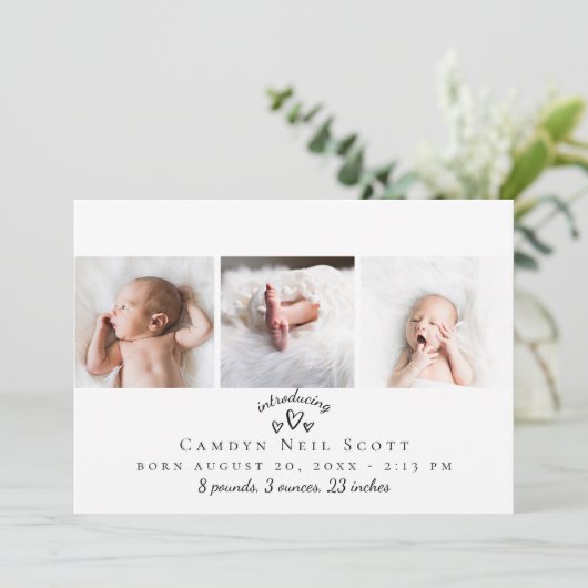 Cute Hearts Photo Strip Birth Notice Bedankkaart (Staand voorkant)