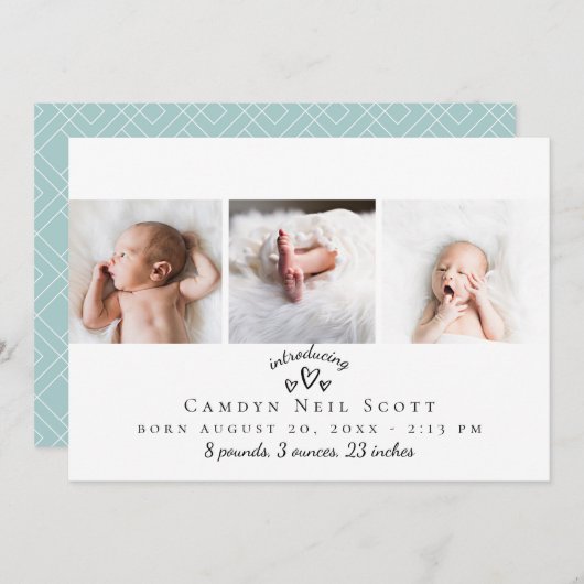 Cute Hearts Photo Strip Birth Notice Bedankkaart (Voorkant / Achterkant)