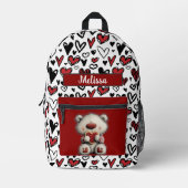 Cute Hearts Teddy Bear Customizable Name  Bedrukte Rugzak (Voorkant)