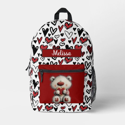 Cute Hearts Teddy Bear Customizable Name  Bedrukte Rugzak (Voorkant)