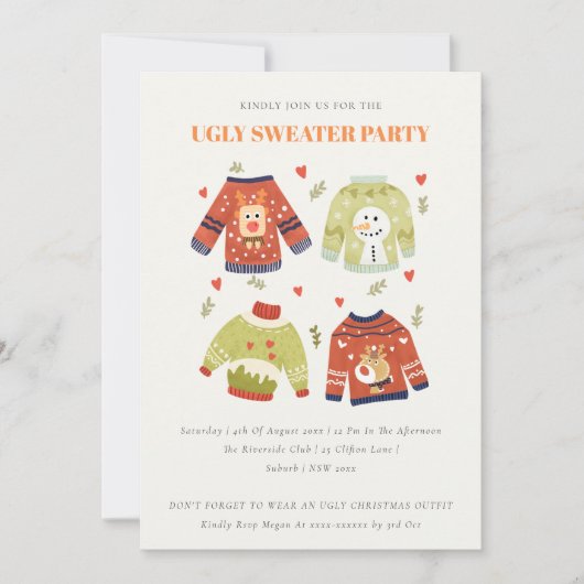 Cute Hearts Ugly Sweater Kerstparty nodigt uit Feestdagenkaart (Voorkant)