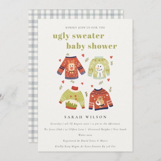 Cute Hearts Winter Ugly Sweater Baby shower Invite Bedankkaart (Voorkant / Achterkant)