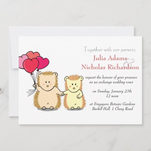 Cute Hedegel Cartoon Wedding Invitation Kaart (Voorkant)