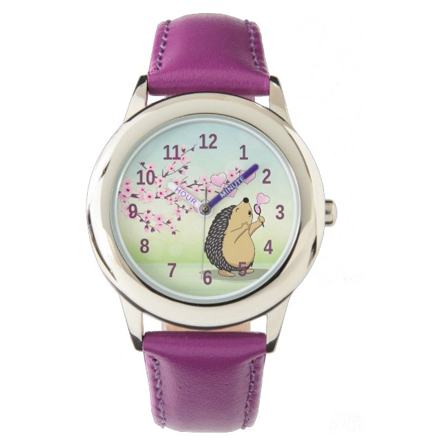 Cute Hedégel Cherry Blossom Pink Green Numbers W Horloge (Voorkant)