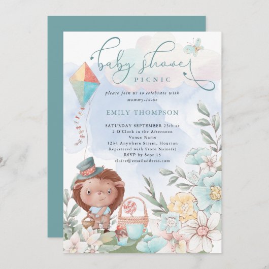 Cute Hedégel Florals Baby shower Picnic Boy Kaart (Voorkant / Achterkant)