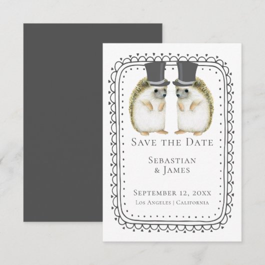 Cute hedégel Gay Couple Wedding Save the Date (Voorkant / Achterkant)