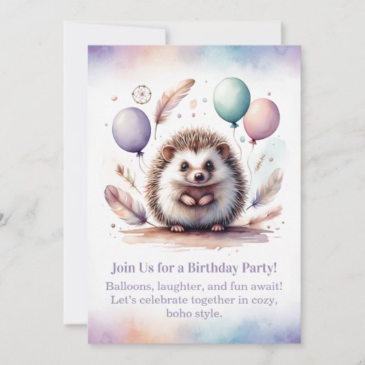 Cute Hedgehog Birthday Invitation – Woodland Boho Kaart (Voorkant)