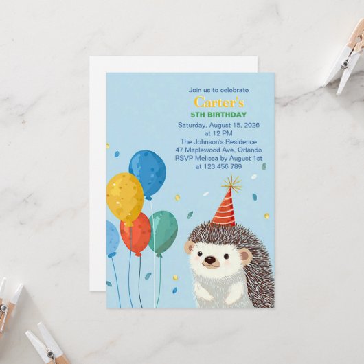 Cute Hedgehog Birthday Party Invitation Kaart (Voorkant / Achterkant in situ)