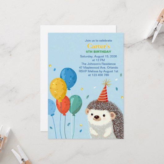 Cute Hedgehog Birthday Party Invitation Kaart (Voorkant / Achterkant in situ)