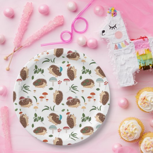 Cute Hedgehog Mushrooms Woodland Forest Animal Papieren Bordje (Feest)