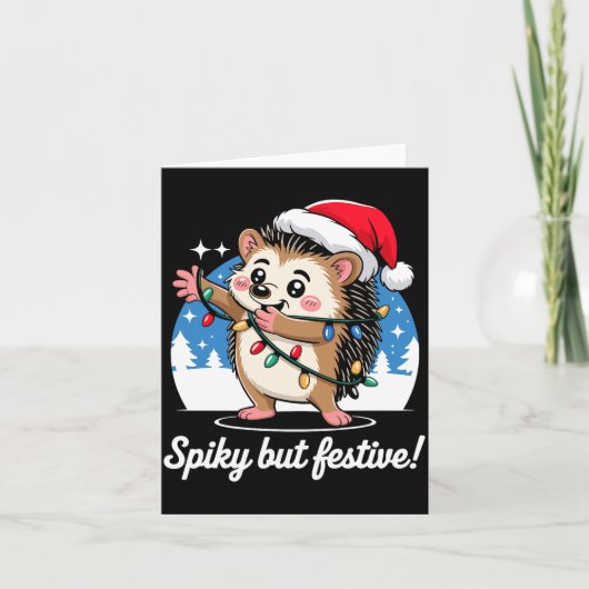 Cute Hedgehog With Santa Hat Christmas Lights Wint Kaart (Voorkant)