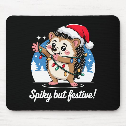 Cute Hedgehog With Santa Hat Christmas Lights Wint Muismat (Voorkant)