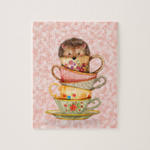 Cute Hedgel en Stack of Colorful Teacups Pink Legpuzzel