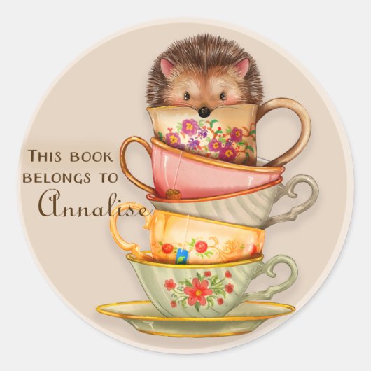Cute Hedgel op Stack of Mok Book Name Sticker (Voorkant)