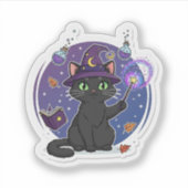 Cute Hekserige Zwarte Kat Toverstaf Sticker (Voorkant)