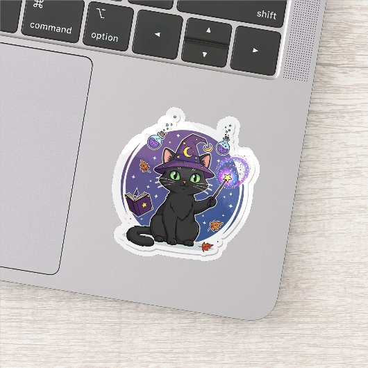 Cute Hekserige Zwarte Kat Toverstaf Sticker (Detail)
