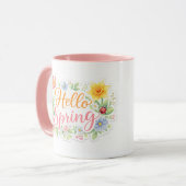 Cute Hello Spring Floral Mug | Customizable Mok (Voorkant links)