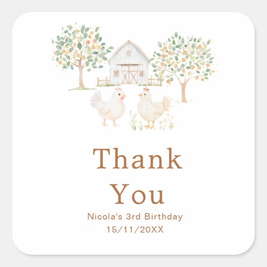 Cute Hens Farm Barn Verjaardagsfeestje Vierkante Sticker (Voorkant)