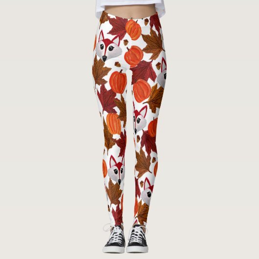 Cute Herfst Fox Pumpkin Acorn Maple Leaf Waterverf Leggings (Voorkant)