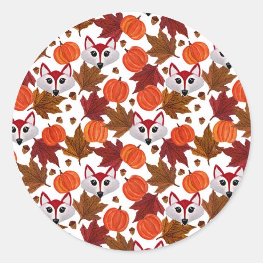 Cute Herfst Fox Pumpkin Acorn Maple Leaf Waterverf Ronde Sticker (Voorkant)