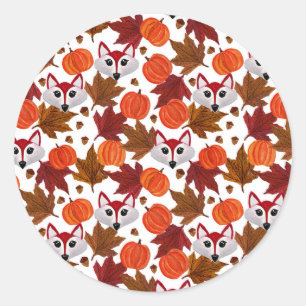 Cute Herfst Fox Pumpkin Acorn Maple Leaf Waterverf Ronde Sticker