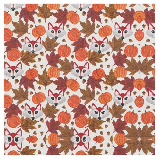 Cute Herfst Fox Pumpkin Acorn Maple Leaf Waterverf Stof (Close Up)