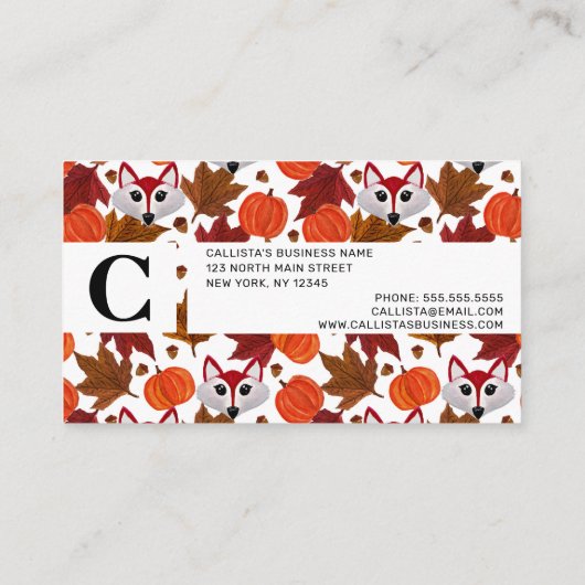 Cute Herfst Fox Pumpkin Acorn Maple Leaf Waterverf Visitekaartje (Achterkant)